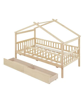 Simplie Fun Twin Size Wooden House Bed With Two Drawers