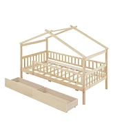 Simplie Fun Twin Size Wooden House Bed With Two Drawers, Natural