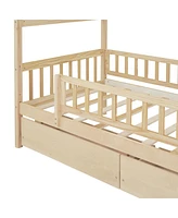 Simplie Fun Twin Size Wooden House Bed With Two Drawers, Natural