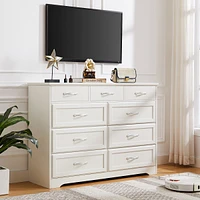 Simplie Fun 9-drawer white wood dresser, antique handles, 47.56"W x 15.75"D x 34.45"H