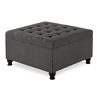 Dark Grey Square Ottoman with Storage, Button Tufted & Nail Trim for Living Room