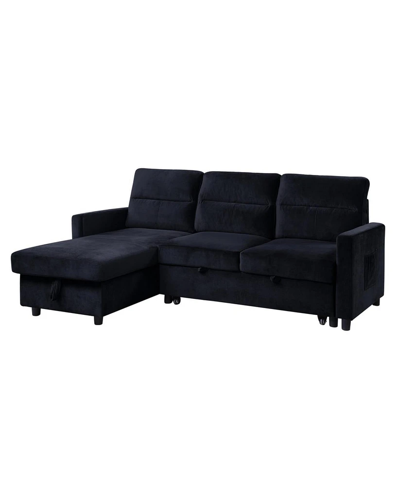 Streamdale Furniture Ivy Black Velvet Reversible Sleeper Sectional Sofa With Storage Chaise And Side Pocket