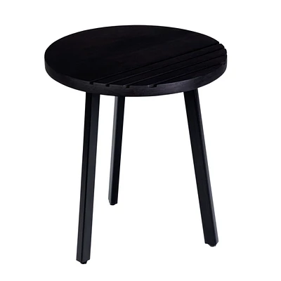 Simplie Fun 18 Inch Round Mango Wood Side End Table, Grooved Design, Metal Legs, Black