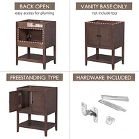 24" Bathroom Vanity Base Only, Solid Wood Frame, Bathroom Storage Cabinet with Doors and Open Shelf, Brown