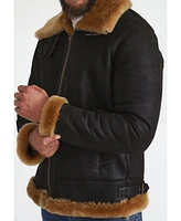 Furniq Uk Men's Shearling Aviator Jacket, Washed Brown with Ginger Wool