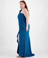 City Studios Trendy Plus One-Shoulder Ruffle-Trim Glitter Gown