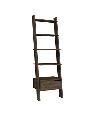 Simplie Fun Oslo Ladder Bookcase, Four Legs, One Drawer, Five Open Shelves - Dark Walnut
