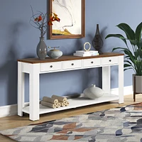 63" Pine Wood Console Table With 4 Drawers And 1 Bottom Shelf For Entryway Hallway