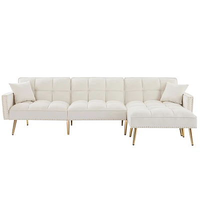 Simplie Fun Cream Velvet Upholstered Reversible Sectional Sofa Bed, L-Shaped Couch With Ottoman