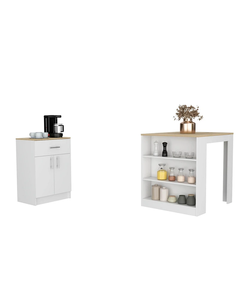 Simplie Fun Monroe 2 Piece Kitchen Set, Milos Kitchen Island Table + Barbados Pantry Cabinet, White Light Oak