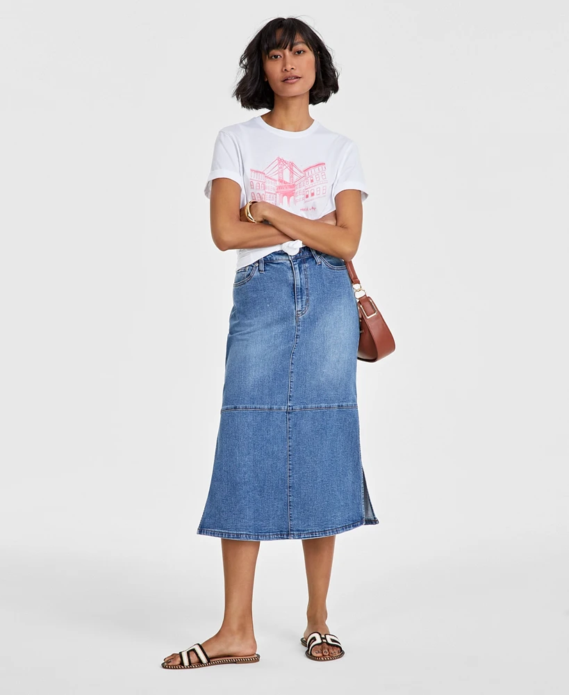 On 34th Women's Paneled Denim Midi Skirt, Created for Macy's