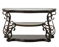 Sofa Table, Glass Table Top, Mdf with Marble Paper Middle Shelf, Powder Coat Finish Metal Legs