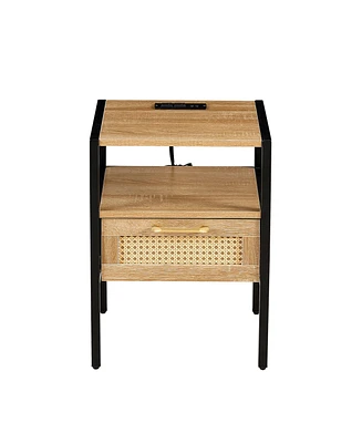 Simplie Fun Modern Rattan End Table with Power and Usb Ports