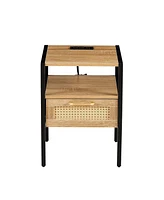 Simplie Fun Modern Rattan End Table with Power and Usb Ports