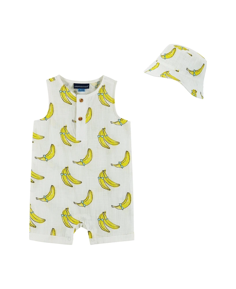 Andy & Evan Baby Boys White Banana Print Tank Romper with Bucket Hat