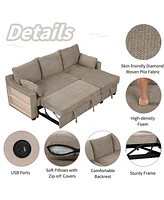 Streamdale Furniture 90" Pull Out Sleeper Sofa L-Shaped Couch Convertible with Usb ports