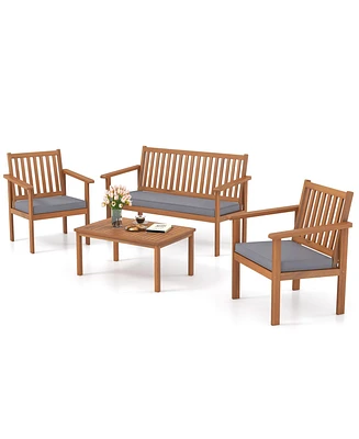Costway 4 Pcs Patio Wood Furniture Set with Loveseat, 2 Chairs & Coffee Table for Porch