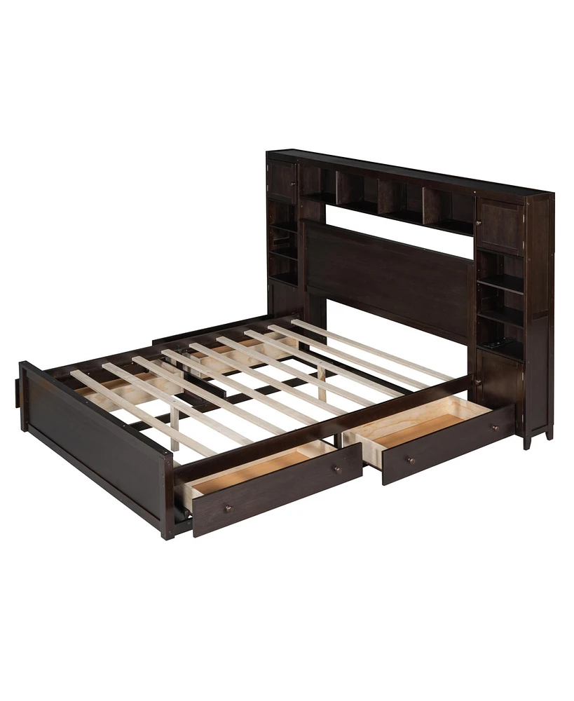 Simplie Fun Queen Wooden Bed With All-In-One Cabinet, Shelf And Sockets, Espresso