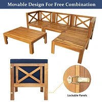 5-Piece Wood Patio Sectional Set with Blue Cushions