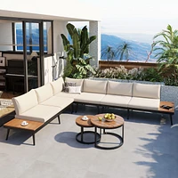 6-Piece Outdoor Sectional Sofa Set with Round Coffee Tables and Cushioned Seating