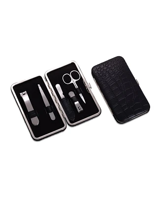 Bey-Berk 5 Piece Manicure Set with Small and Large Clippers, File, Tweezers and Scissors Leather with Croco Pattern Case.