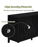 Retro Sideboard Door with Circular Groove Design & Round Metal Handle for Entrance, Dining & Living Room