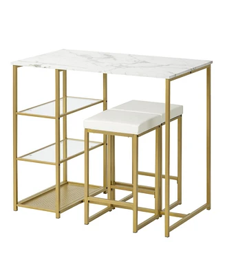 Simplie Fun 3-piece Modern Pub Set with Faux Marble Countertop and 2 Bar Stools, White/Gold