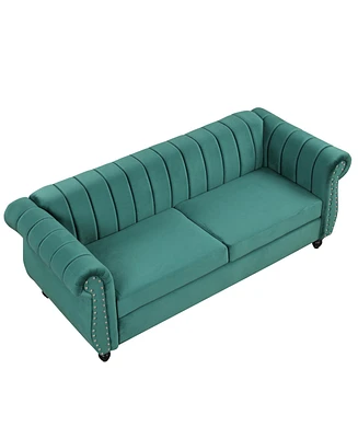 Simplie Fun 82.5" Modern Sofa Dutch Fluff Upholstered Sofa With Solid Wood Legs, Buttoned Tufted Backrest, Green