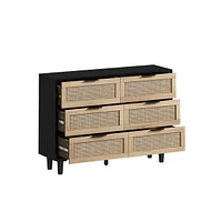 43.31" 6-Drawers Rattan Storage Cabinet Rattan Drawer, For Bedroom, Living Room, Black