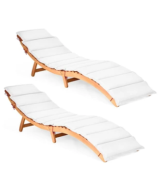 Gymax 2PCS Outdoor Folding Chaise Eucalyptus Lounge Chair w/ Double-sided Cushion