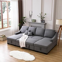 Simplie Fun Upholstered Sleeper Sectional Sofa With Double Storage Spaces, 2 Tossing Cushions