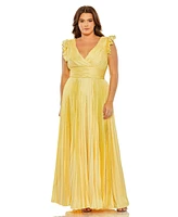 Mac Duggal Plus Flutter Sleeve Pleated V-Neck Gown