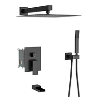 10" Rain Shower Head Systems With Waterfall Tub Spout, Matte, Wall Mounted Shower