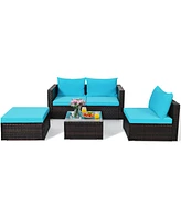 Gymax 5PCS Cushioned Rattan Patio Conversation Set w/ Coffee Table Ottoman