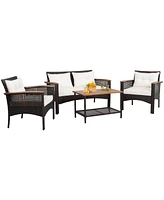 Gymax 4PCS Rattan Patio Furniture Set Acacia Wood Outdoor Conversation Set w/ Cushions