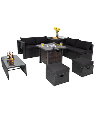 Costway 9 Pcs Patio Furniture Set with 32" Fire Pit Table 50,000 Btu Square Propane