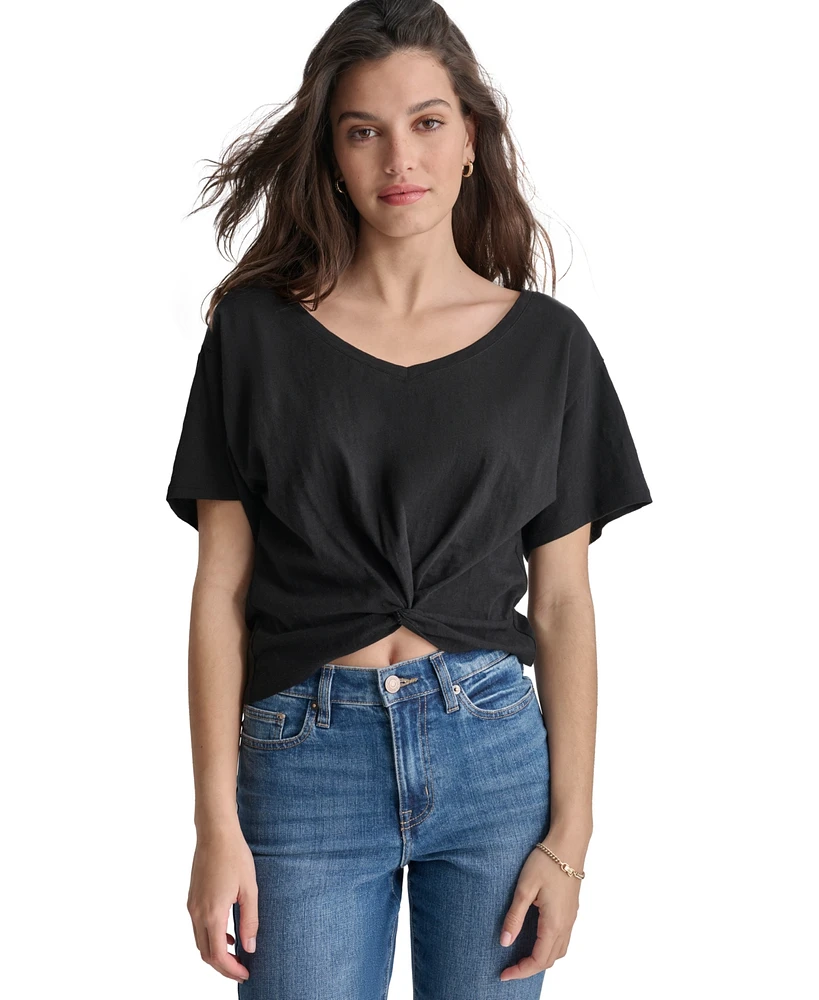 Dkny Women's Cotton Twist-Front V-Neck Short-Sleeve Top