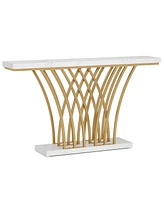 Tribesigns 59.06 inch Gold Console Table, Modern Entryway Table with Grid-Shaped Metal Base for Entrance, Hallway, Entryway, Living Room(White Faux Ma