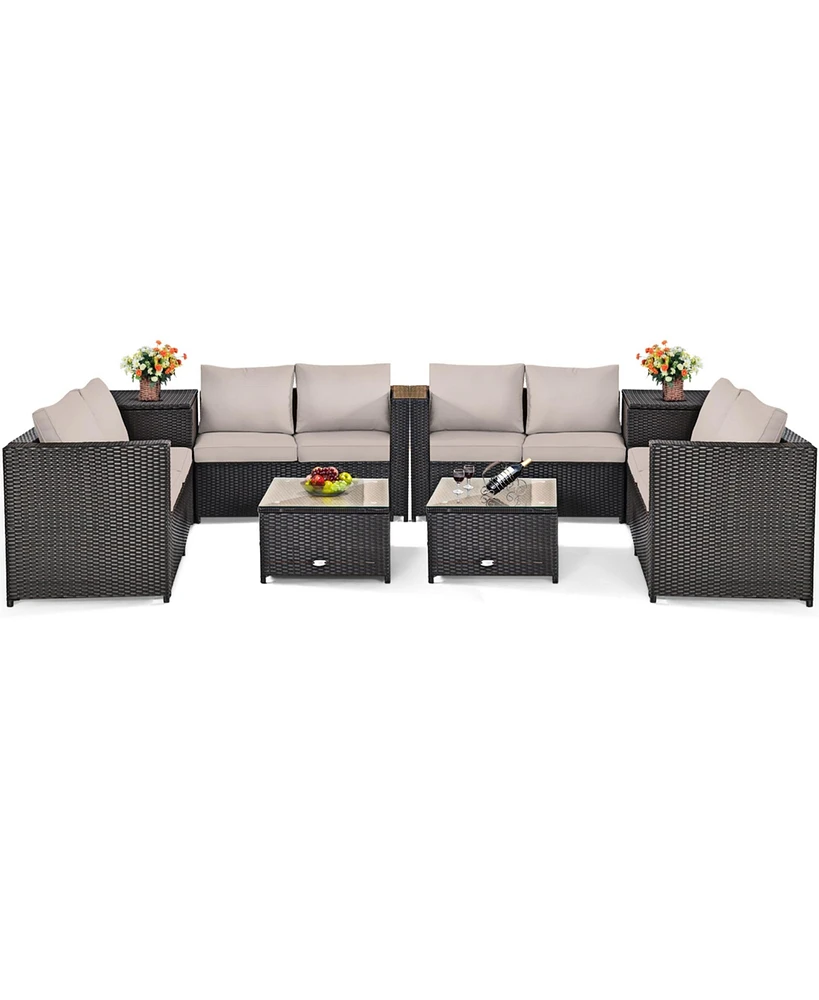 Gymax 8PCS Cushioned Rattan Patio Conversation Set w/ Coffee Table Side Table