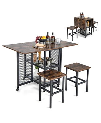 Costway 3-Piece Foldable Dining Table Set Drop Leaf Expandable Dining Table & 2 Stools