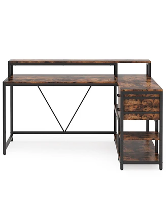 Tribesigns Reversible L Shaped Desk with Drawer, Industrial L Corner Desk Table with Storage Shelves and Monitor Stand, Rustic Wooden and Metal Pc Des