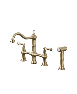 Mondawe Deck Mounted Bridge Kitchen Sink Faucet with Side Spray in Brushed Gold