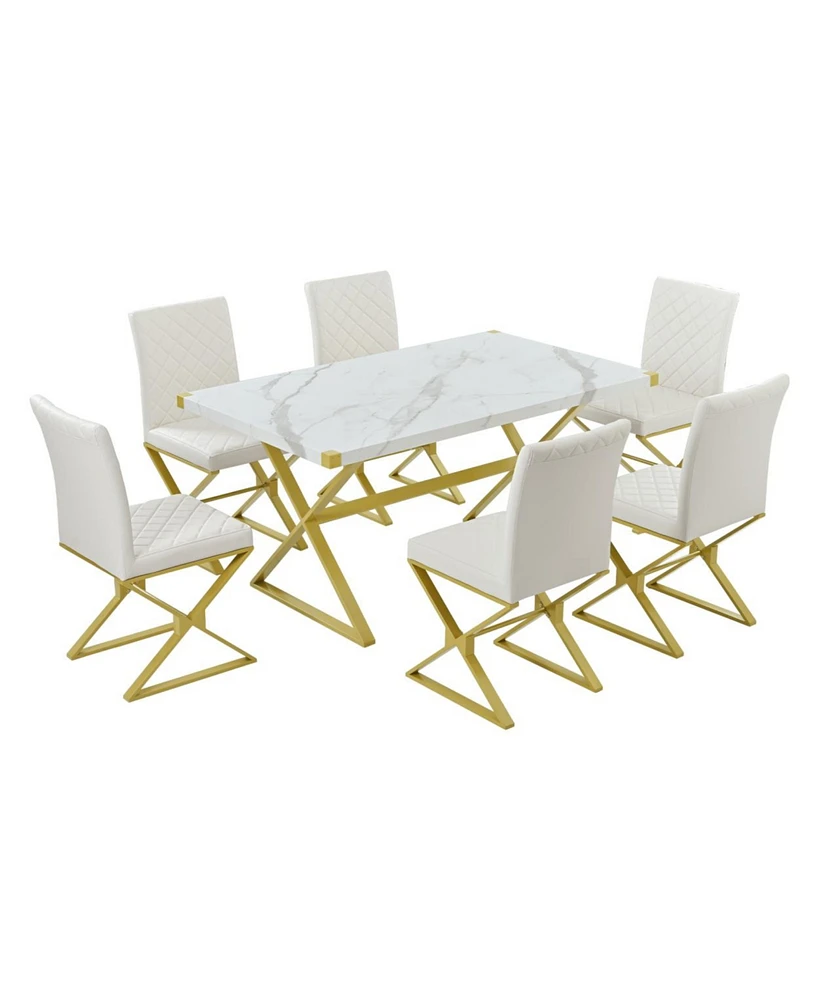 Simplie Fun 7-Piece Modern Dining Table Set, Rectangular Marble Texture Kitchen Table And 6 Pu Leather