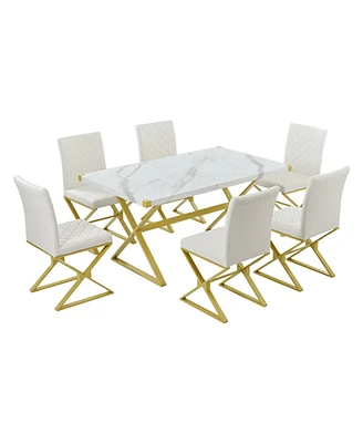 Simplie Fun 7-Piece Modern Dining Table Set, Rectangular Marble Texture Kitchen Table And 6 Pu Leather