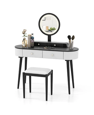 Costway Solid Wood Makeup Vanity Desk Set with Led Lighted Mirror Drawers Cushioned Stool