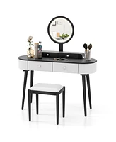 Costway Solid Wood Makeup Vanity Desk Set with Led Lighted Mirror Drawers Cushioned Stool