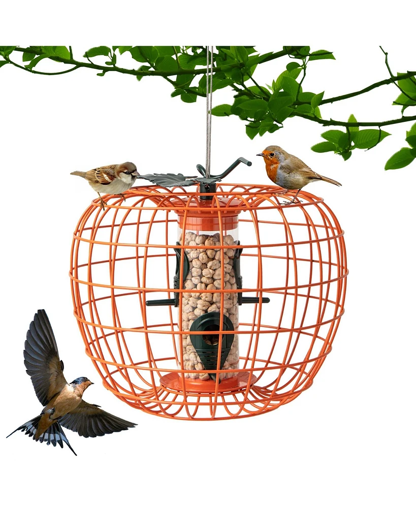 Costway Squirrel-Proof Pumpkin Bird Feeder with Cage 4 Metal Ports 4 Perches Drainage Hole