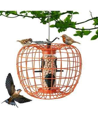 Costway Squirrel-Proof Pumpkin Bird Feeder with Cage 4 Metal Ports 4 Perches Drainage Hole