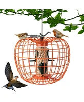 Costway Squirrel-Proof Pumpkin Bird Feeder with Cage 4 Metal Ports 4 Perches Drainage Hole