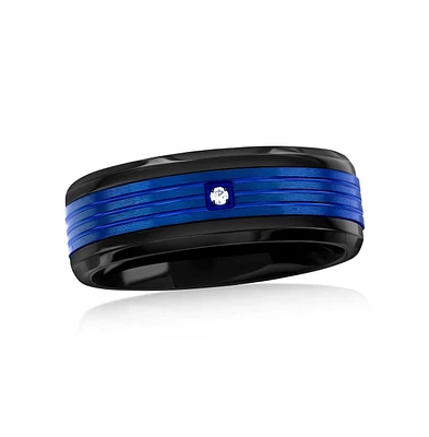 Metallo Stainless Steel Black and Blue Cz Ring